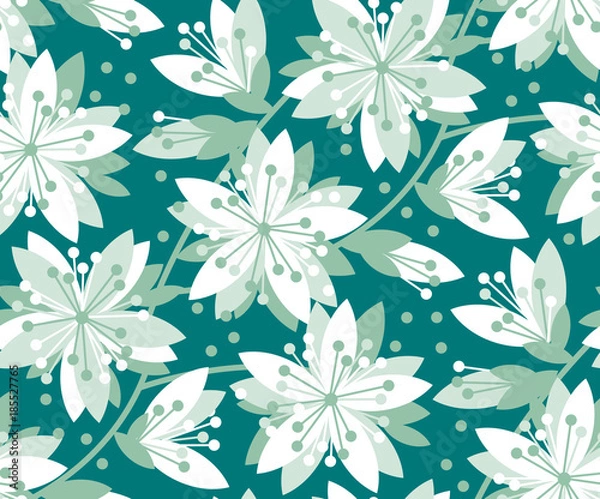 Obraz Green and white floral vector seamless pattern. Spring blossom motif with sakura flowers for background, surface design, wedding projects.