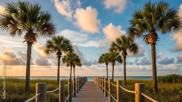 Obraz Serene beach pathway lined with palm trees at sunset