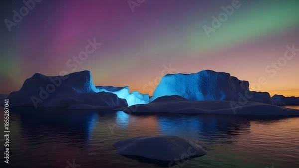 Obraz Aurora borealis over icy waters with floating icebergs at sunset