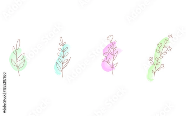 Obraz おしゃれな手描きの葉っぱのあしらいセット。水彩のワンポイント付き。