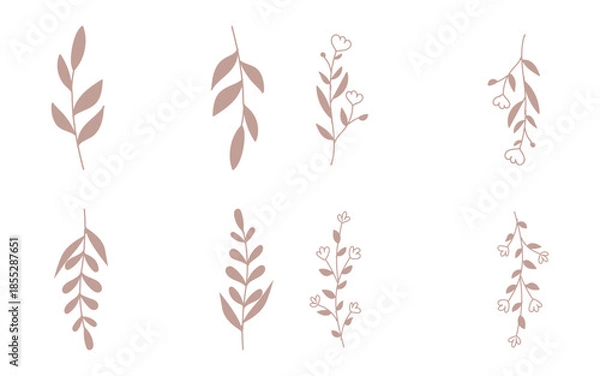 Obraz セピア色の手描きの葉っぱのフレームセット。