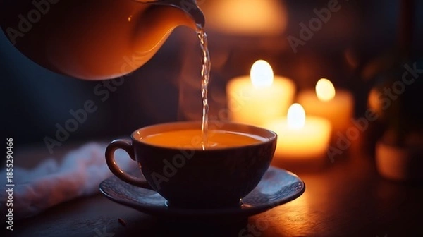 Fototapeta coffee cup with tea and teapot on table