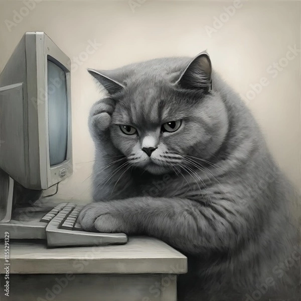 Obraz Gray cat sitting at computer with a frustrated expression  