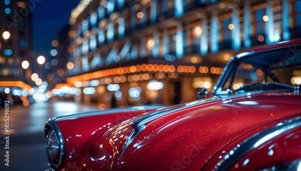 Obraz Vintage red car parked on a city street at night with bokeh lights