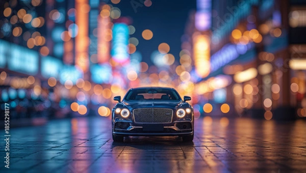Obraz Luxury sedan parked on a wet city street at night with bokeh lights
