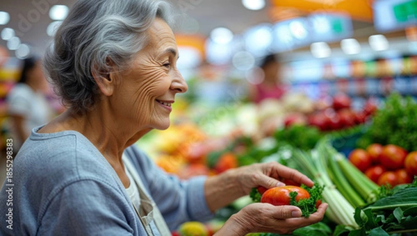 Obraz Smiling senior woman choosing fresh tomatoes and greens at a grocery store produce section