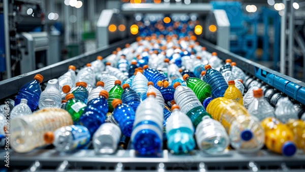Obraz Plastic bottles on a conveyor belt in a recycling plant, ready for processing
