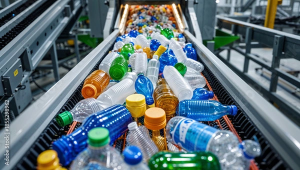 Obraz Plastic bottles on a conveyor belt at a recycling plant, ready for processing