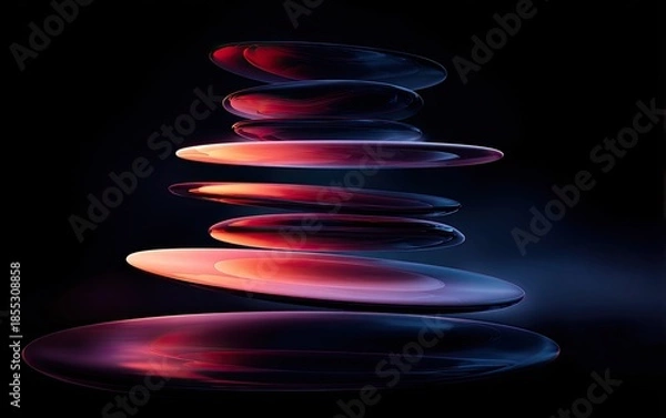 Obraz A levitating stack of glowing, reflective, oval-shaped objects against a dark background
