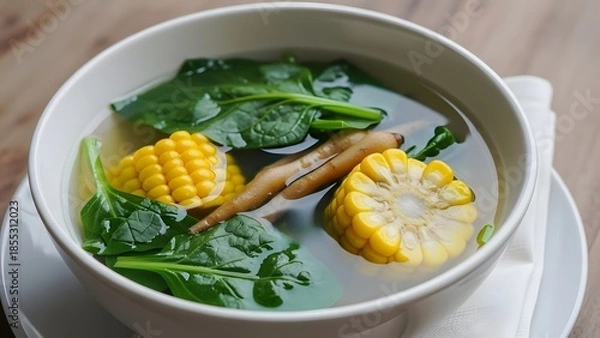 Fototapeta Close-up of a healthy vegetable soup with corn, spinach, and root vegetables in a white bowl.