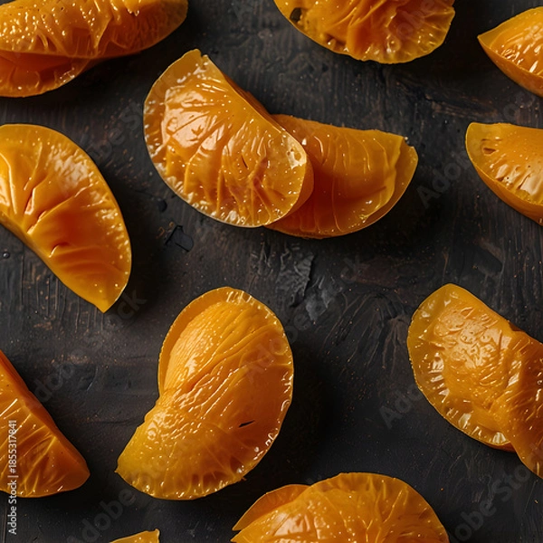 Obraz Dried mango slices perfectly arranged on a dark textured surface