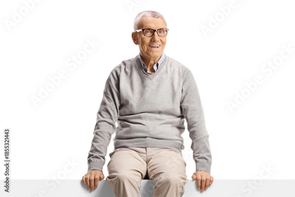 Obraz Cheerful elderly man sitting on a blank panel and smiling
