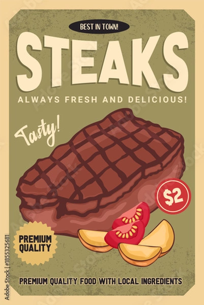 Fototapeta Retro Steak Advertisement Poster with Premium Quality Food