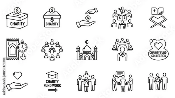 Obraz Collection of charity and Islamic cultural icons donation, community, mosque, and education symbols