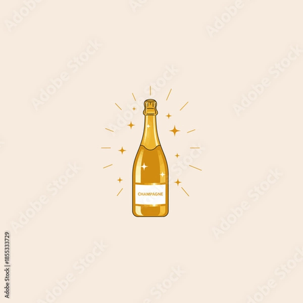 Obraz Bottle of champagne with sparkles around icon flat vector design.