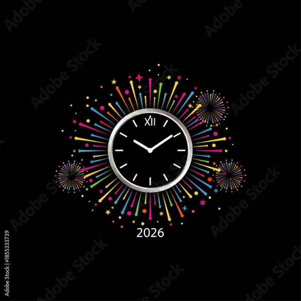 Obraz Clock with fireworks around icon flat vector design.