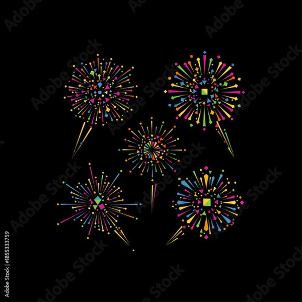 Obraz Fireworks in geometric style icon flat vector design.