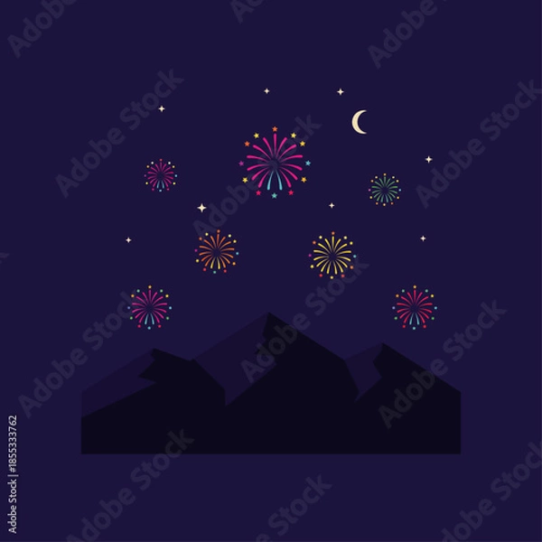 Obraz Fireworks above mountains icon flat vector design.