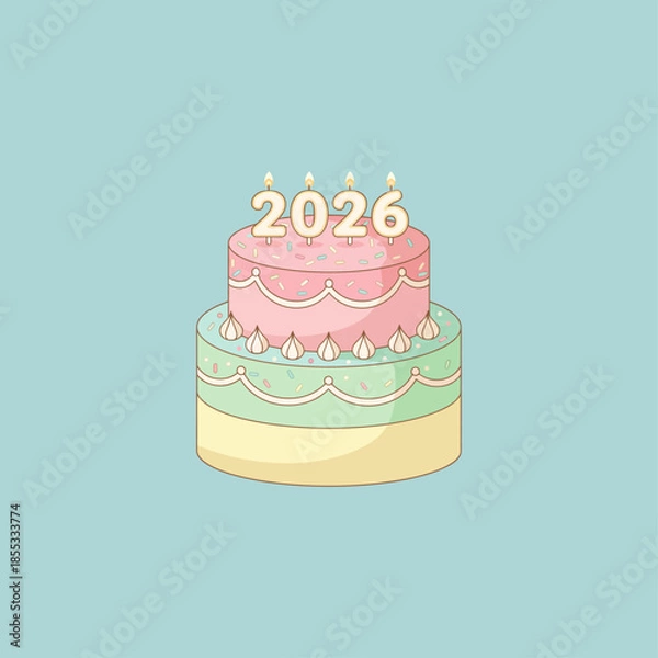 Obraz New Year cake with candles “2026” icon flat vector design.