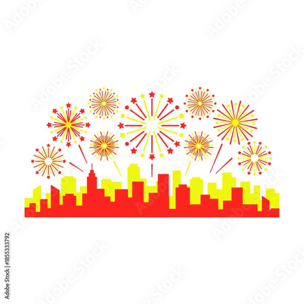 Obraz Fireworks over city skyline icon flat vector design.