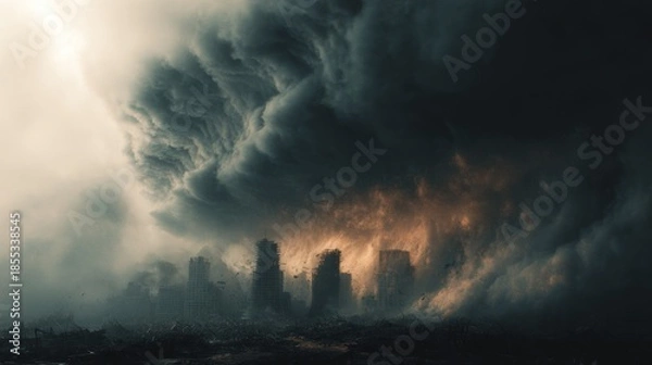 Obraz Apocalyptic city under a threatening dark cloud with natural disaster theme