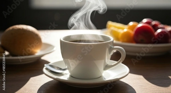 Obraz Steaming coffee, breakfast fruit, and bread on a table, bathed in sunlight