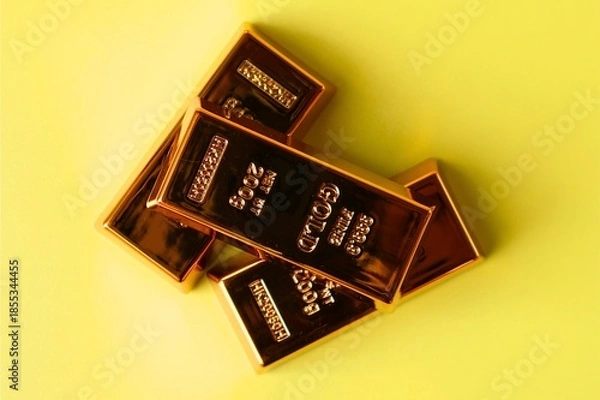 Obraz Stack of gold bars on yellow background