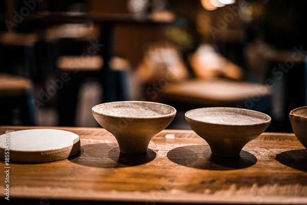 Obraz 木台に並ぶ陶器鉢