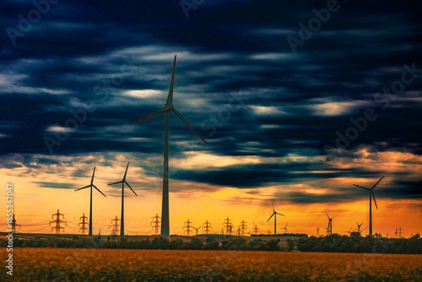 Obraz 夕焼けの風力発電（ハンガリー）