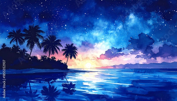 Obraz 南国の夕焼けと星空_generated by AI