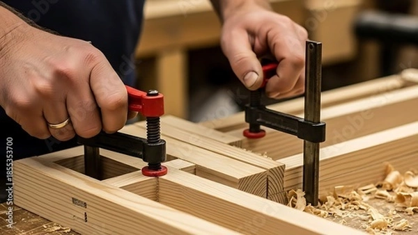 Obraz Precision woodworking project assembling with clamps in carpentry workshop