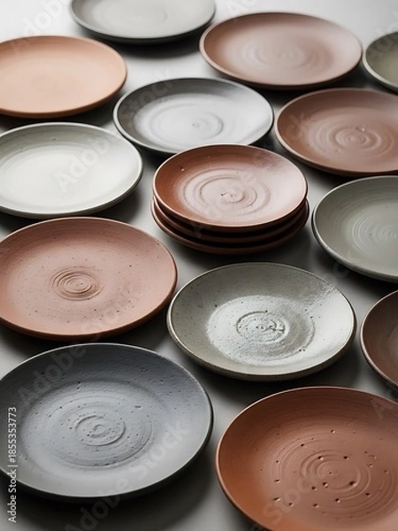 Obraz Rustic stoneware plates arrangement, artisan crafted ceramic tableware style