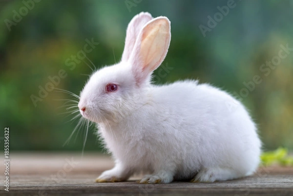 Obraz Healthy Lovely bunny easter fluffy white rabbit, new born baby rabbit on green garden nature with colorful flower background. The Easter white hares. Close - up of a rabbit. Symbol of easter day. 