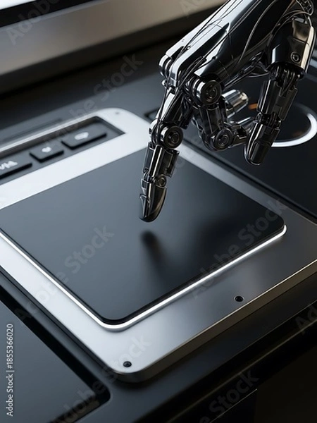 Obraz Chrome robot digit interacts with electronic touch screen technology