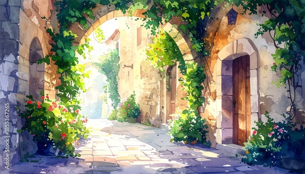 Obraz アーチと蔦のある街角_generated by AI