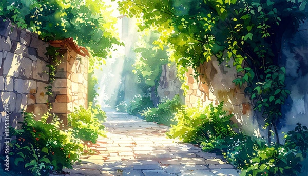 Obraz 緑に包まれた石畳の路地_generated by AI