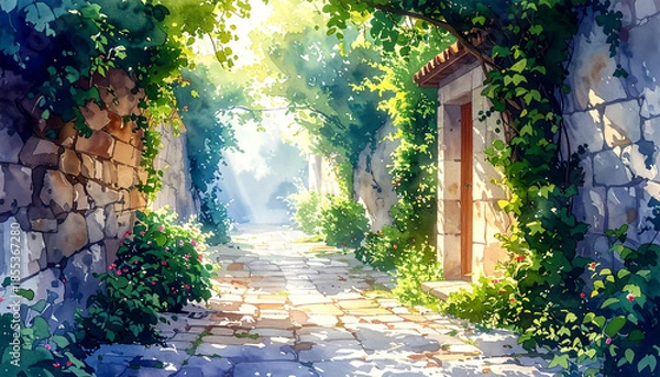 Obraz 緑に包まれた石畳の路地_generated by AI