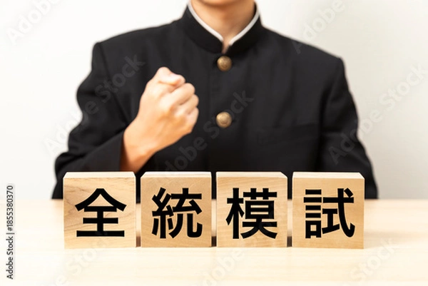 Obraz 「全統模試」と書かれたブロックとガッツポーズをする男子学生