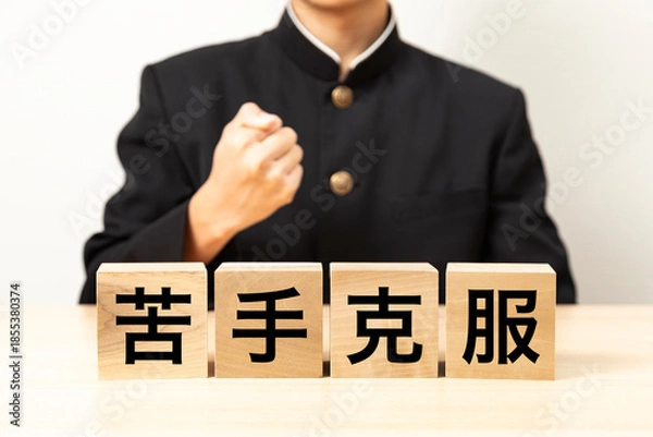 Obraz 「苦手克服」と書かれたブロックとガッツポーズをする男子学生