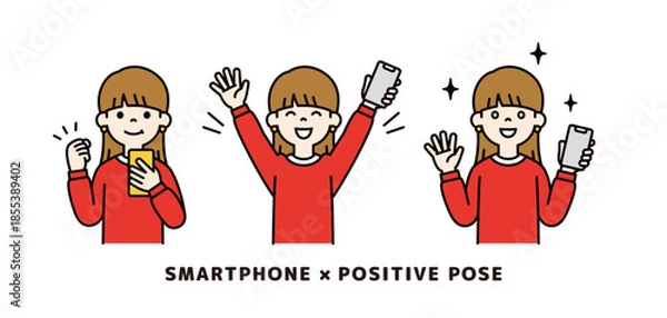 Obraz スマートフォンを持つ若い女性の上半身ベクターイラスト素材＿ポジティブなポーズセット＿カラー