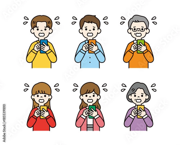 Obraz 焦った表情でスマートフォンを見る、様々な年齢の人物のベクターイラスト素材セット＿カラー