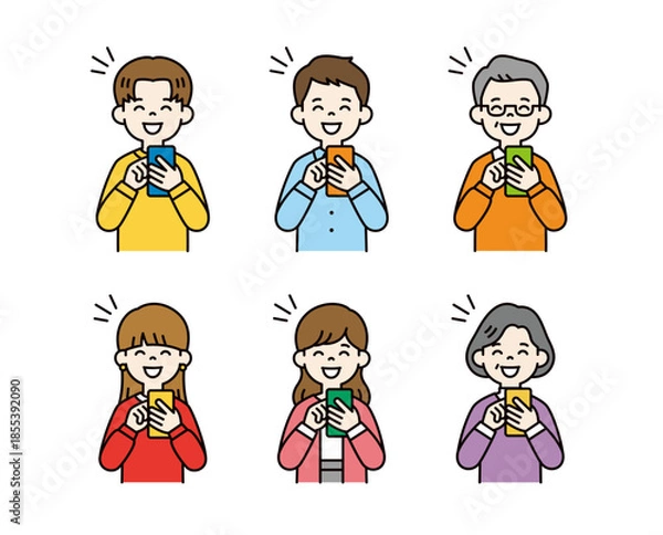 Obraz 嬉しそうな表情でスマートフォンを見る、様々な年代の男女のベクターイラスト素材セット＿カラー