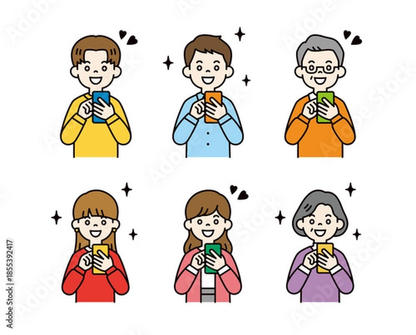 Obraz スマートフォンを見て喜ぶ・感激する、様々な年齢の人物のベクターイラスト素材セット＿カラー