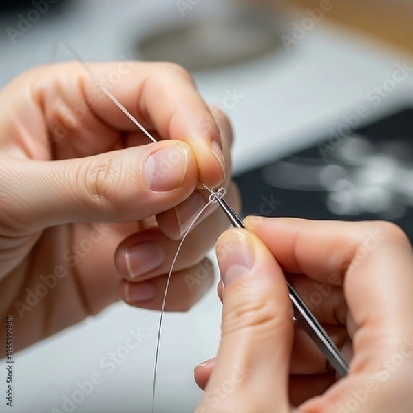 Obraz Intricate knot tying process with delicate thread and precision tool