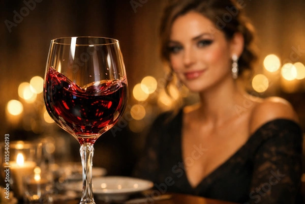 Obraz Glass of Red Wine with Smiling Woman in Elegant Evening Setting