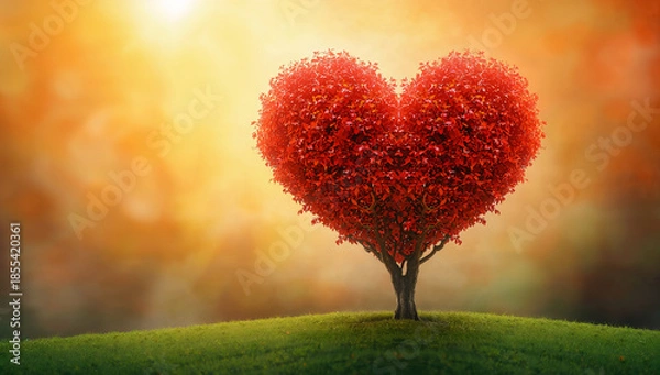 Obraz 赤いハート形の樹木が印象的な自然モチーフ 恋愛や祝日の背景素材.生成AI