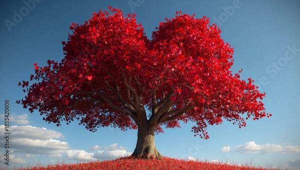 Obraz 赤いハート形の樹木が主役の自然背景 恋愛や結婚のテーマに適した素材.生成AI