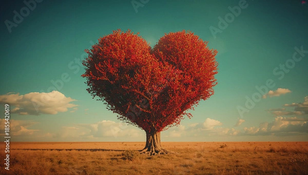 Obraz 赤いハート形の樹木が映える幻想的な自然シーン 恋愛イメージ背景.生成AI