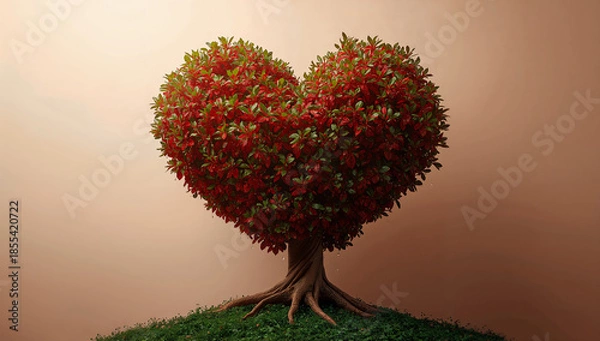 Obraz 赤いハート形の木が際立つ森の風景 ロマンチックな象徴ビジュアル.生成AI
