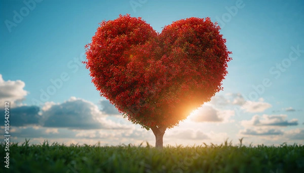 Obraz 赤いハート形の木がつくる恋愛モチーフ 自然を使った象徴的な背景.生成AI